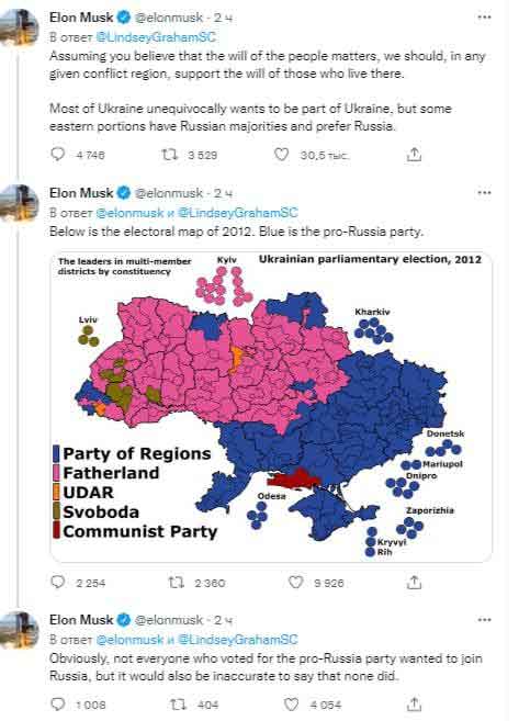 Илон Маск заявил, что жители востока Украины предпочитают Россию